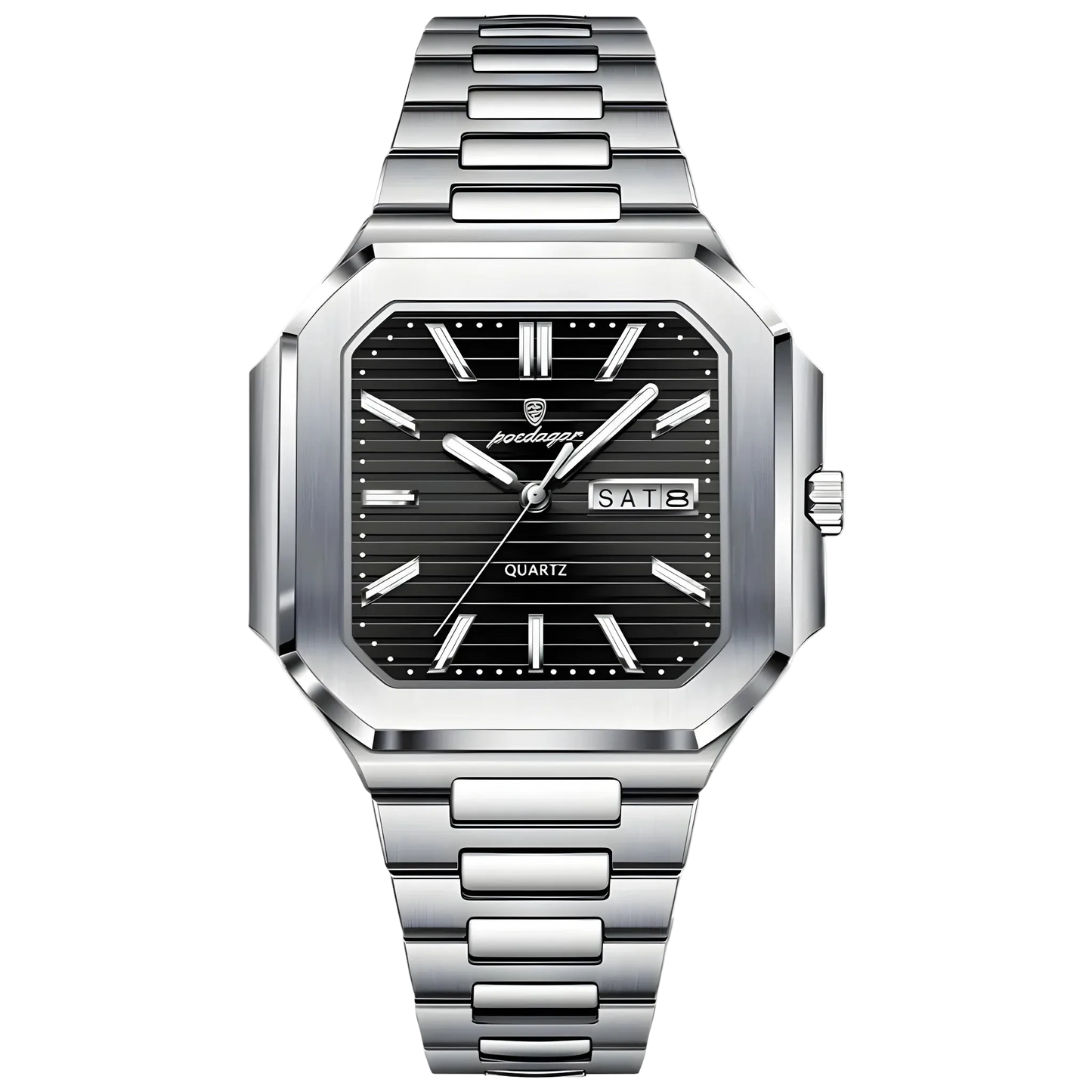 Poedagar Dumont square stainless steel men’s watch with black textured dial, day-date display and integrated bracelet. Silver watch with black dial