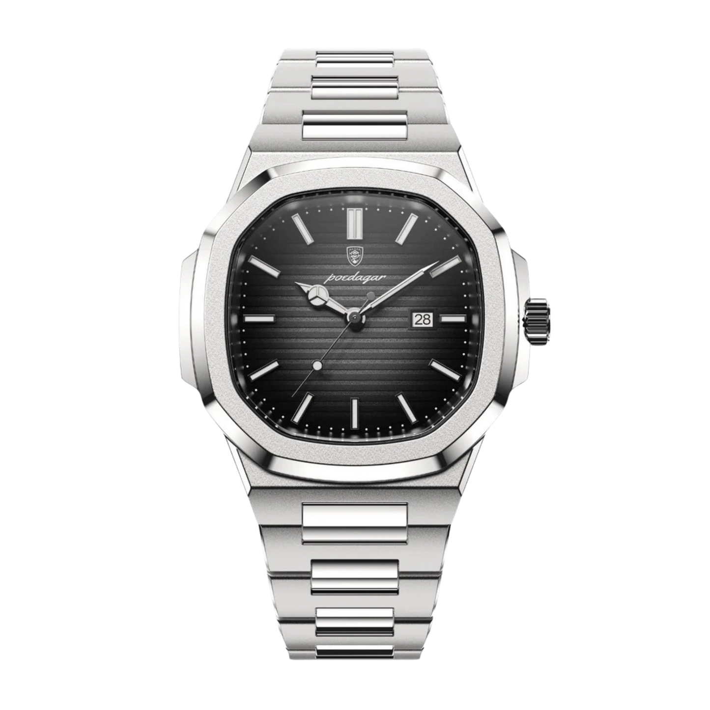 Luxury watch with black dial and silver metal bracelet on a white background