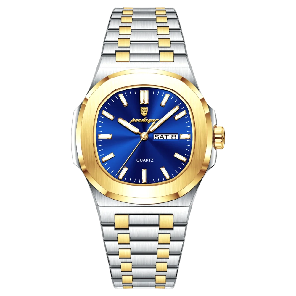 Poedagar Meridian men’s watch in Two-Tone Gold and Silver with Blue dial, premium brushed finish