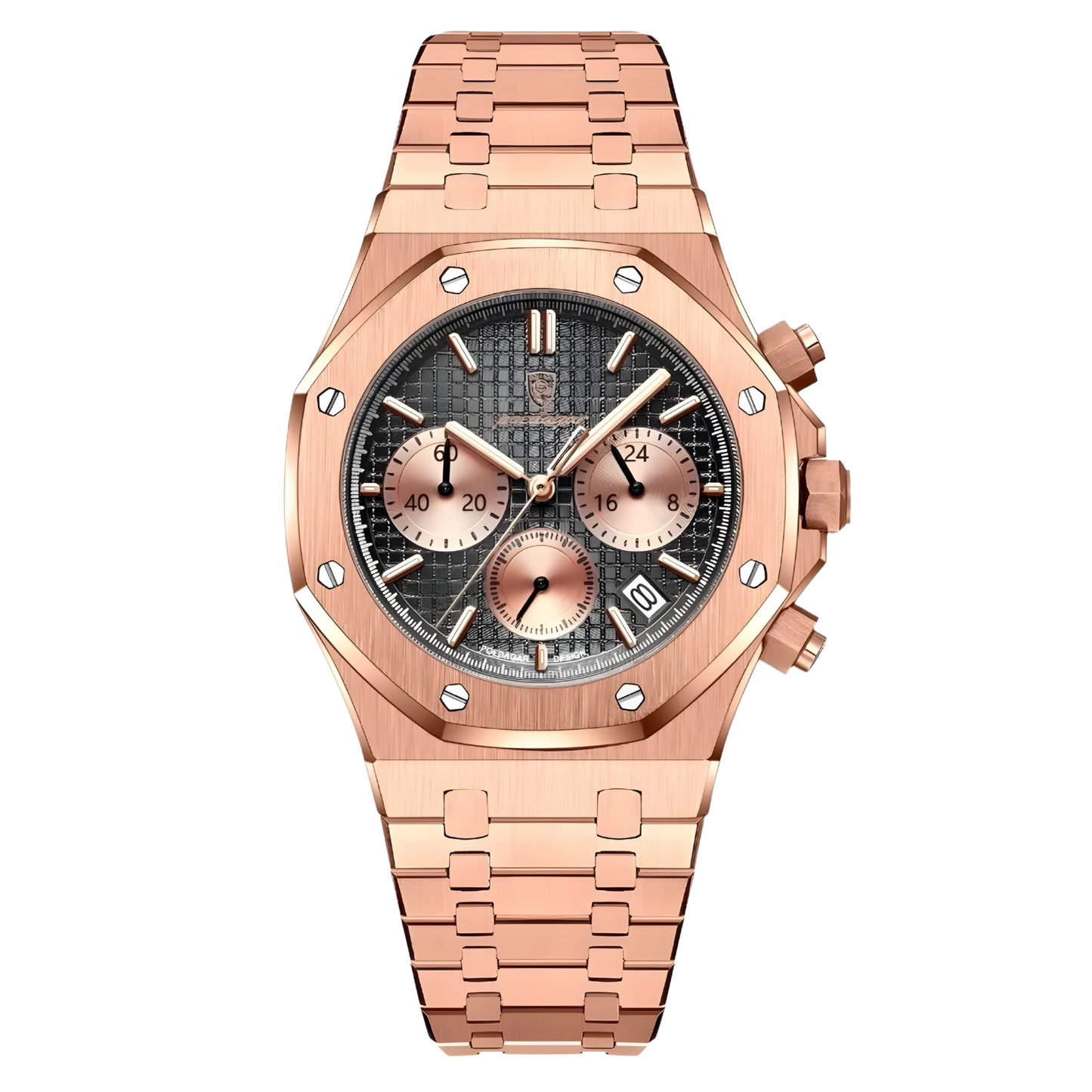 Rose gold watch with a detailed face on a white background