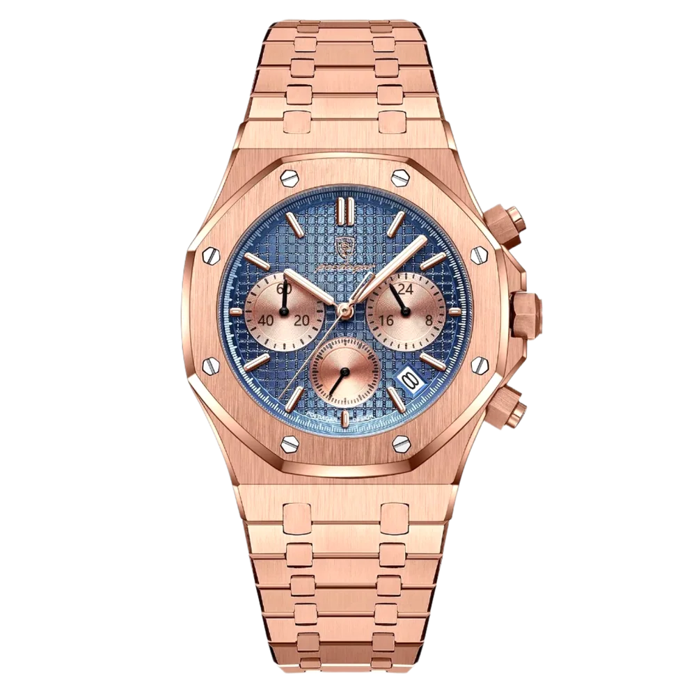 Poedagar Regent Chrono men’s watch in Rose Gold and Blue, stainless steel bracelet with blue textured dial and chronograph subdials