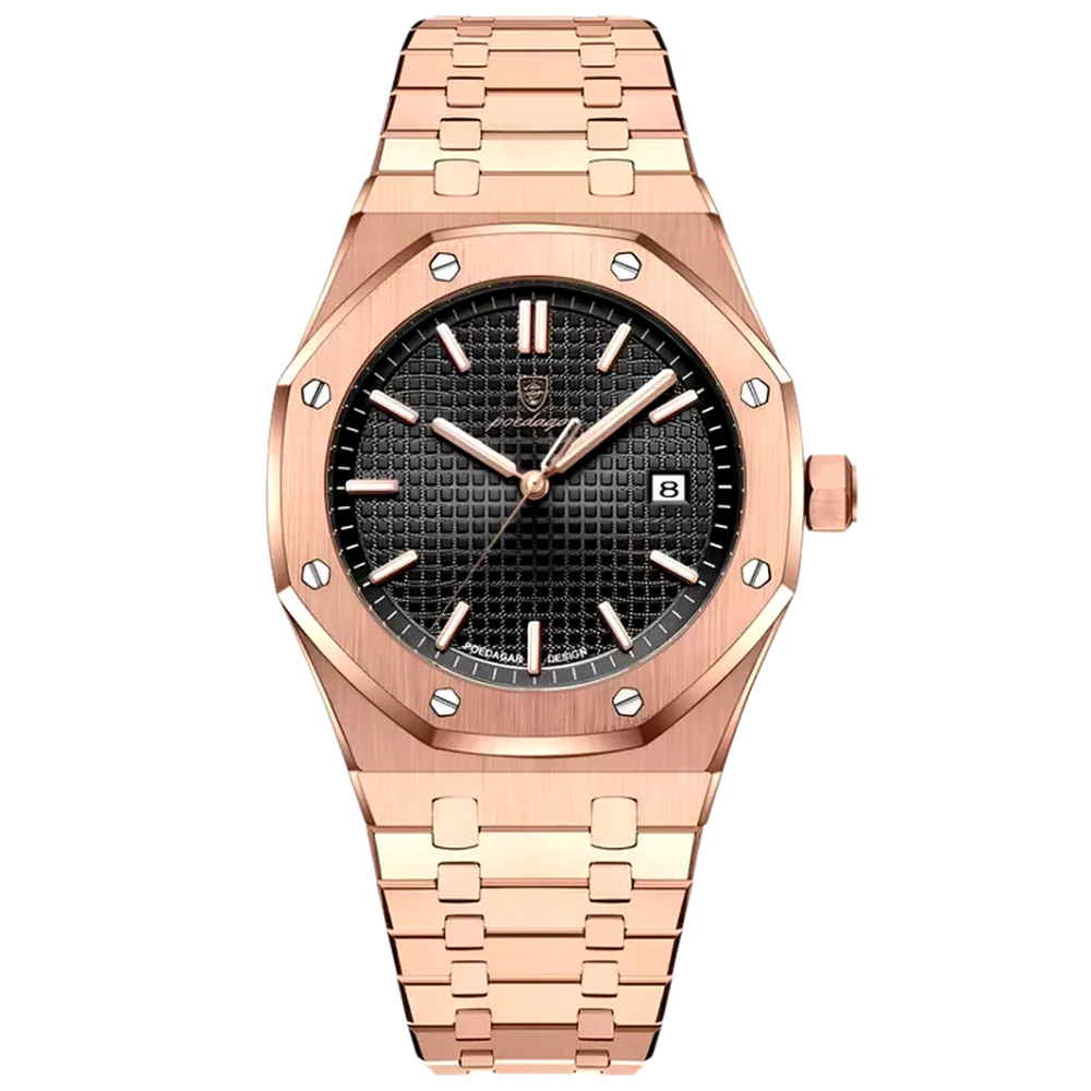 Poedagar Regent men’s watch in Rose Gold and Black, brushed gold-tone finish with black textured dial and date display