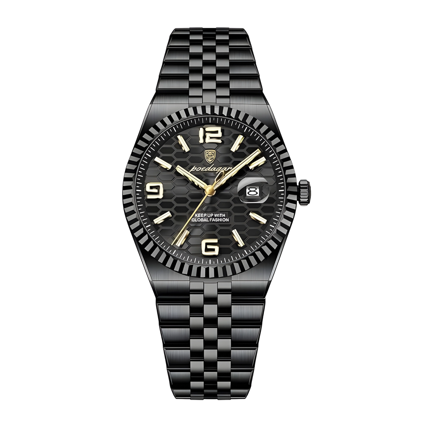 Black watch with gold accents on a white background