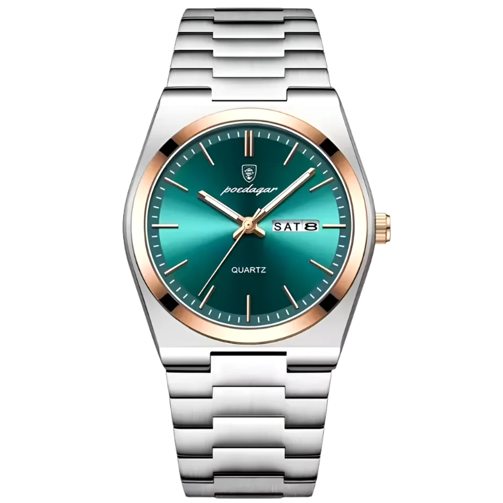 Poedagar Tempus men’s watch in Two-Tone Silver and Rose Gold with Green dial, refined sunburst finish and calendar display