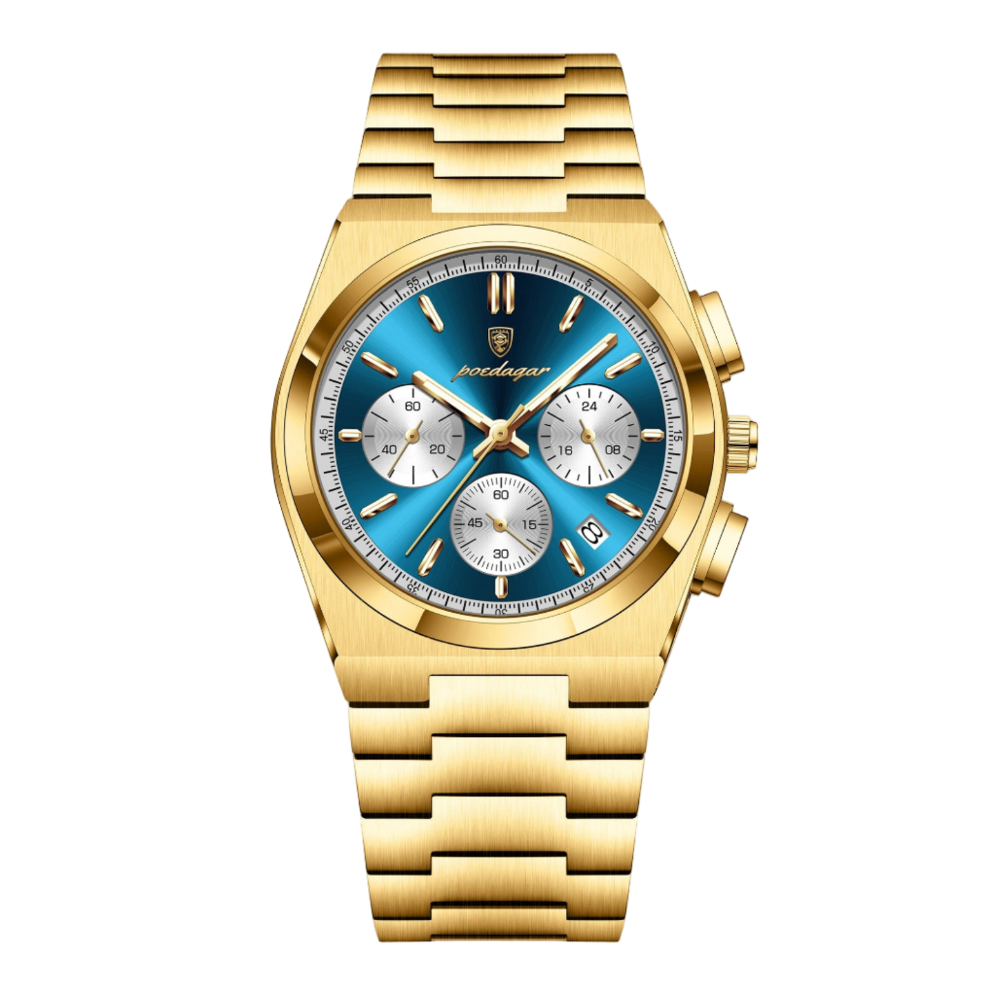 Gold watch with blue face and Poedagar logo on a white background