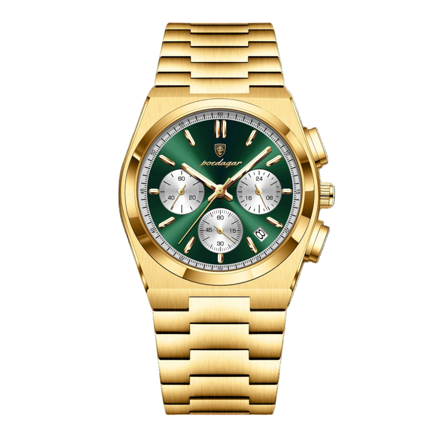 Gold watch with green face and POEDAGAR branding on a white background