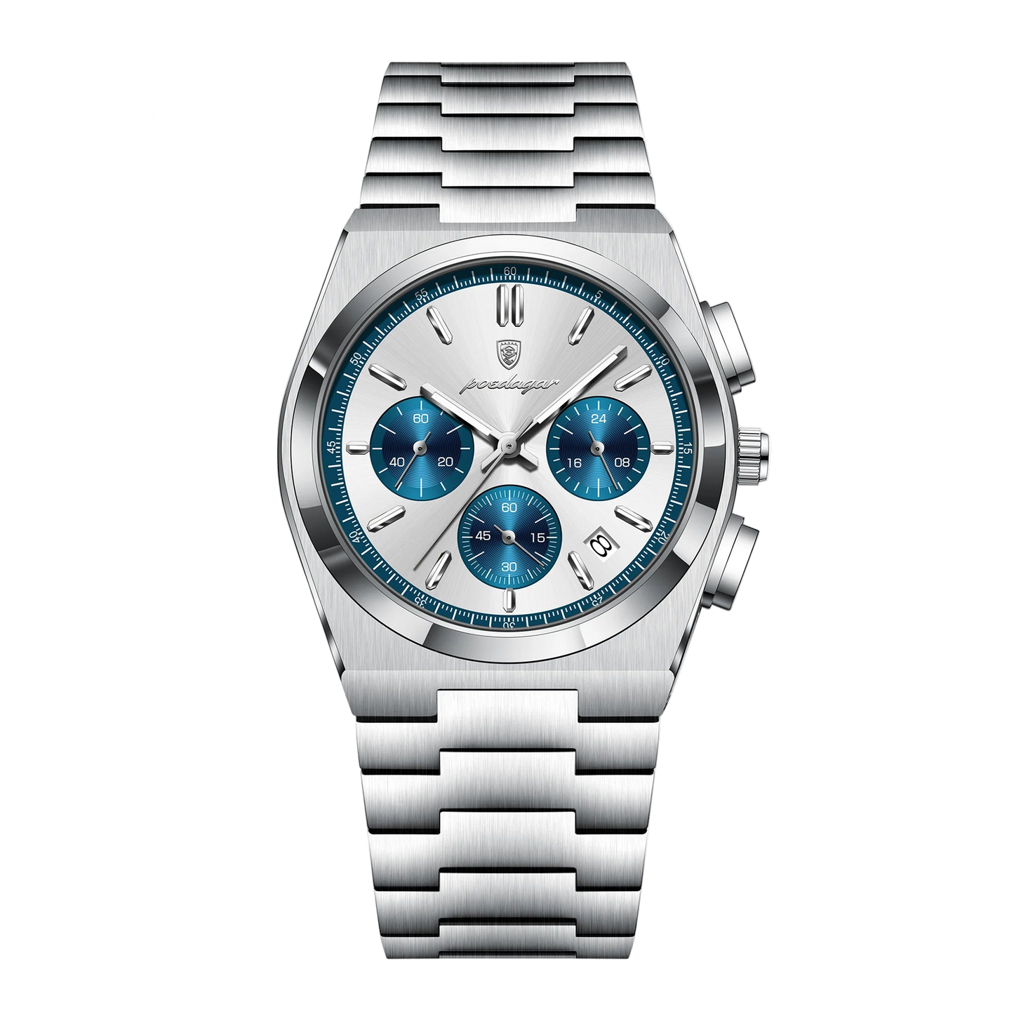 Silver watch with blue face on a white background, featuring the Poedagar brand.