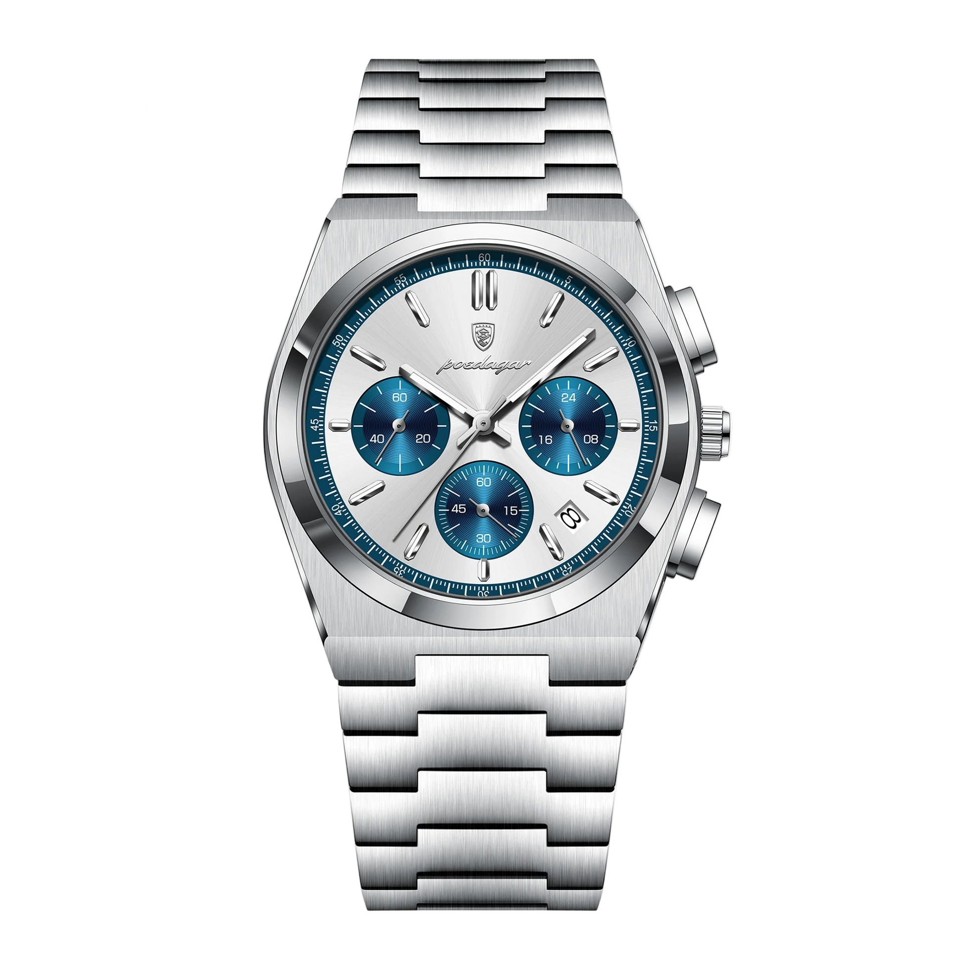 Silver watch with blue face on a white background, featuring the Poedagar brand.