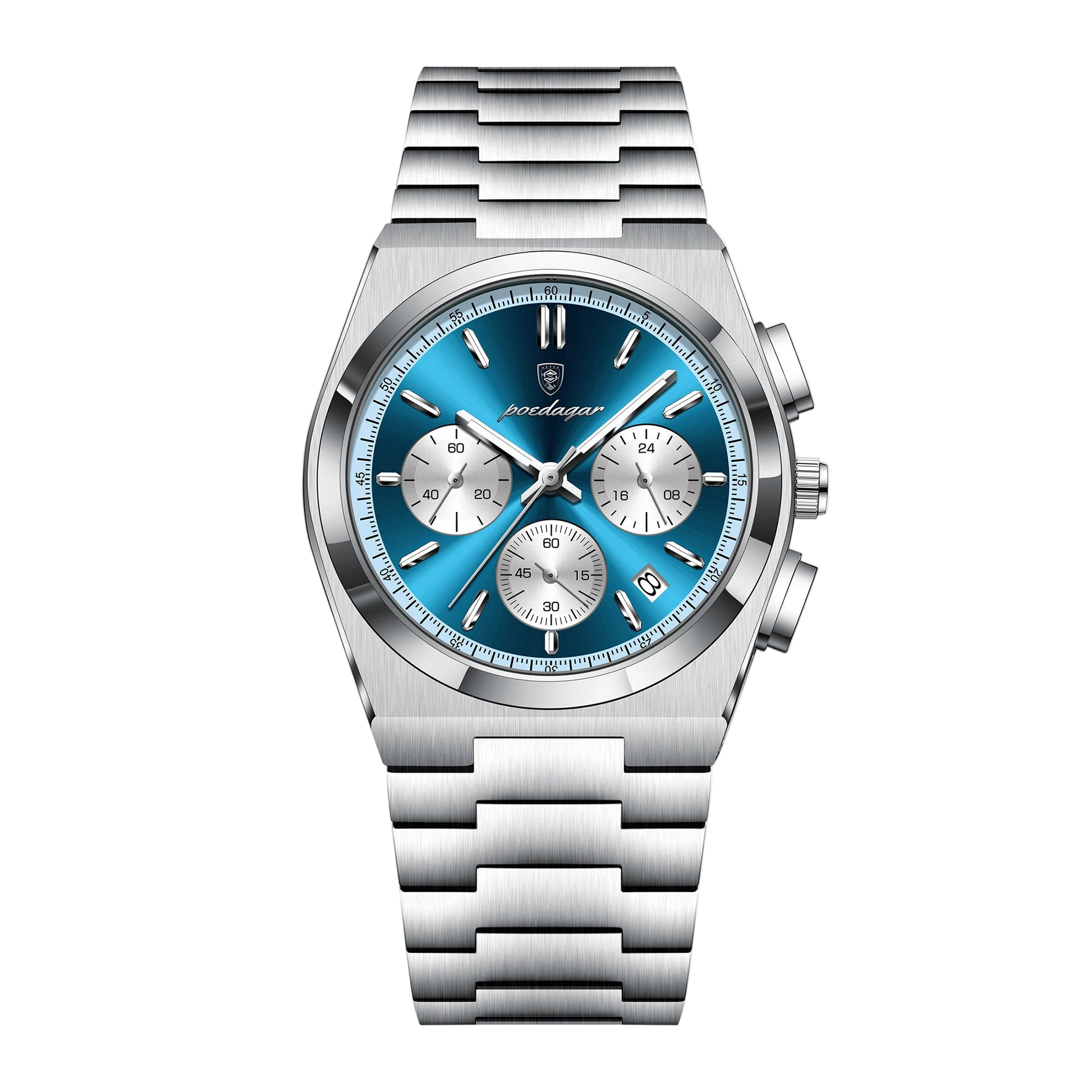 Silver watch with blue face and Poedagar logo on a white background
