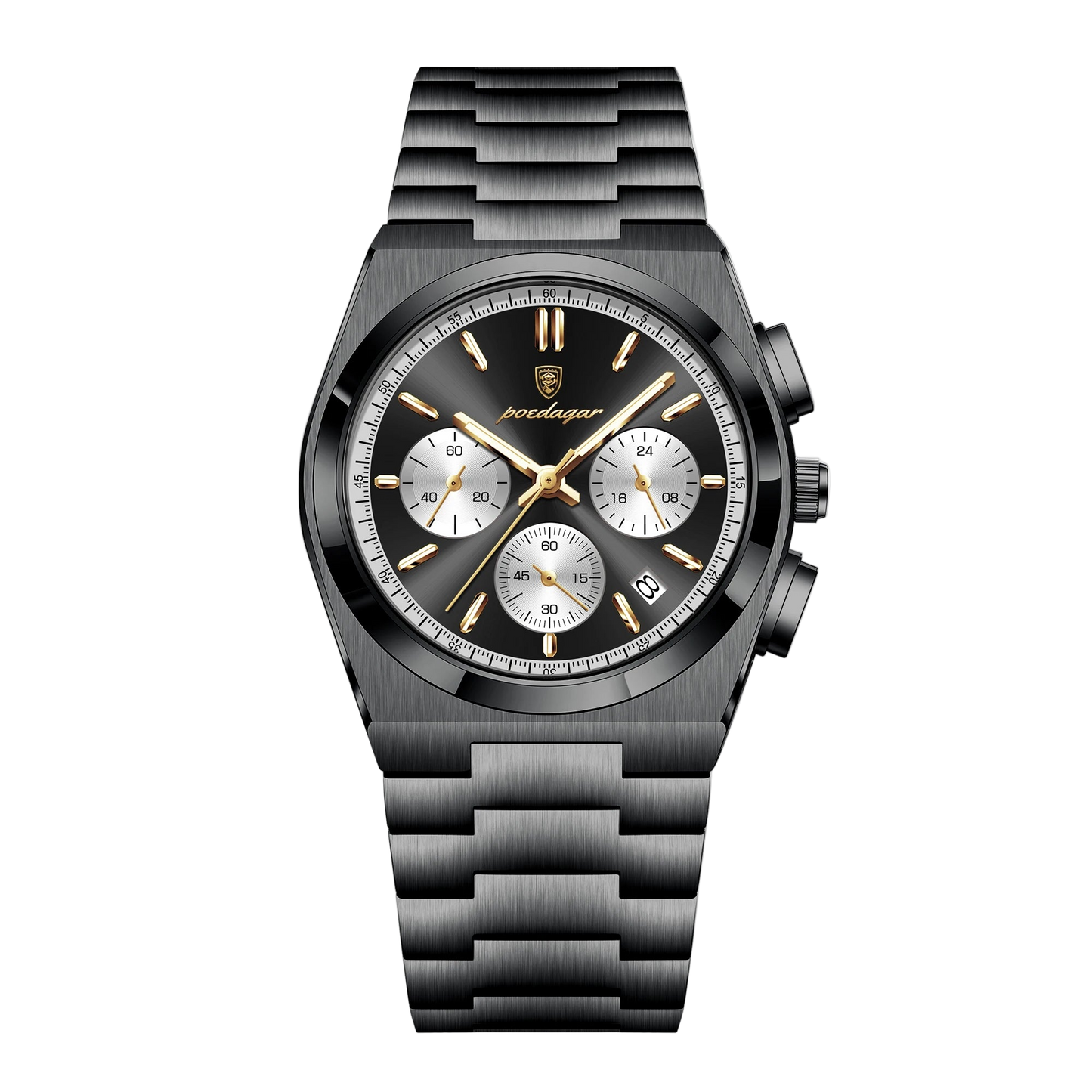 Black watch with detailed face and POEDAGAR branding on a white background