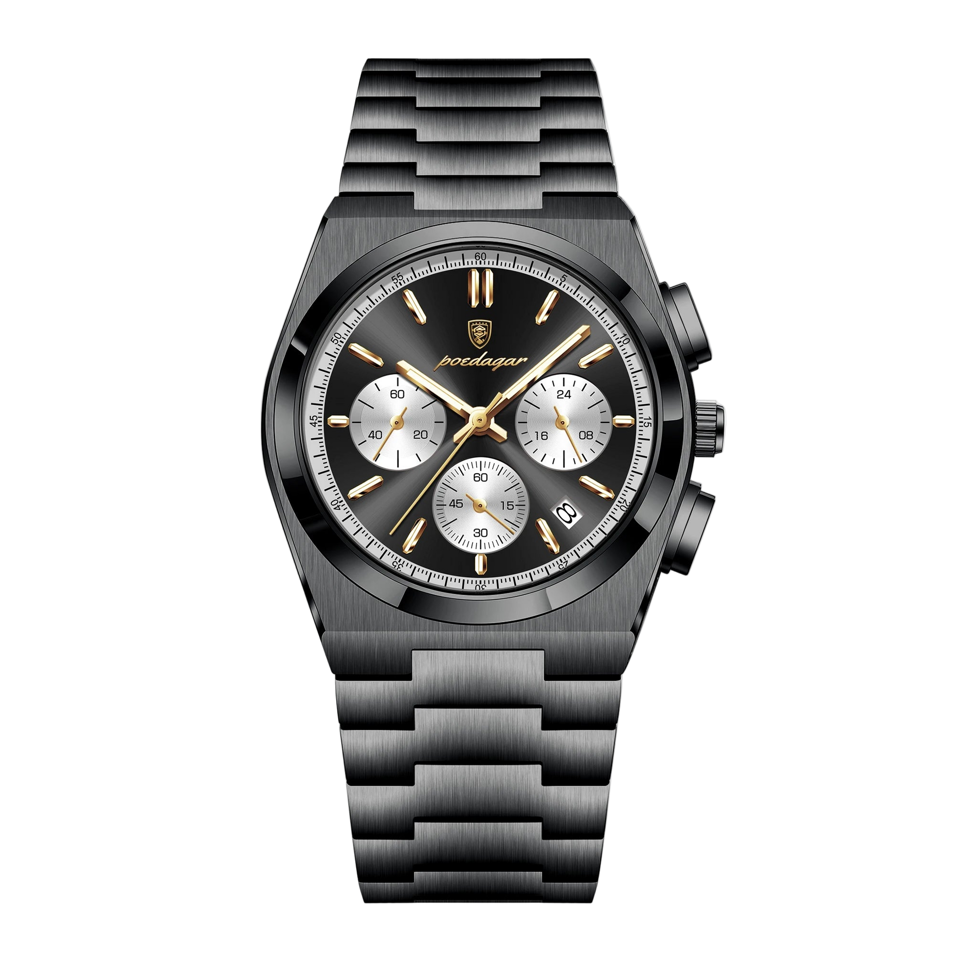 Black watch with detailed face and POEDAGAR branding on a white background