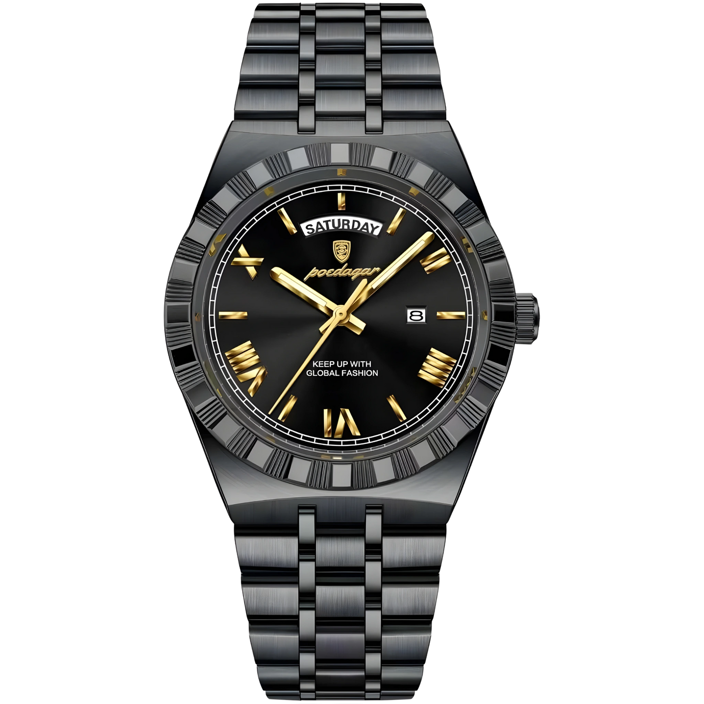 Black watch with gold accents on a white background
