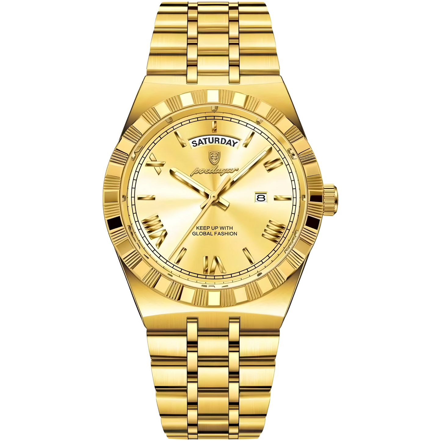 Gold wristwatch with a detailed face on a white background