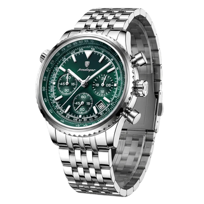Luxury chronograph watch with green dial and silver bracelet, featuring multi-function subdials and aviation-inspired design