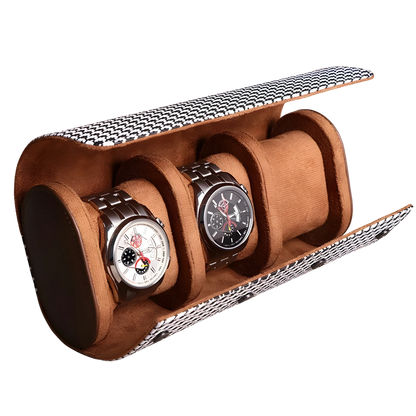 Heritage pattern watch roll travel case. Brown watch holder with two watches on a white background