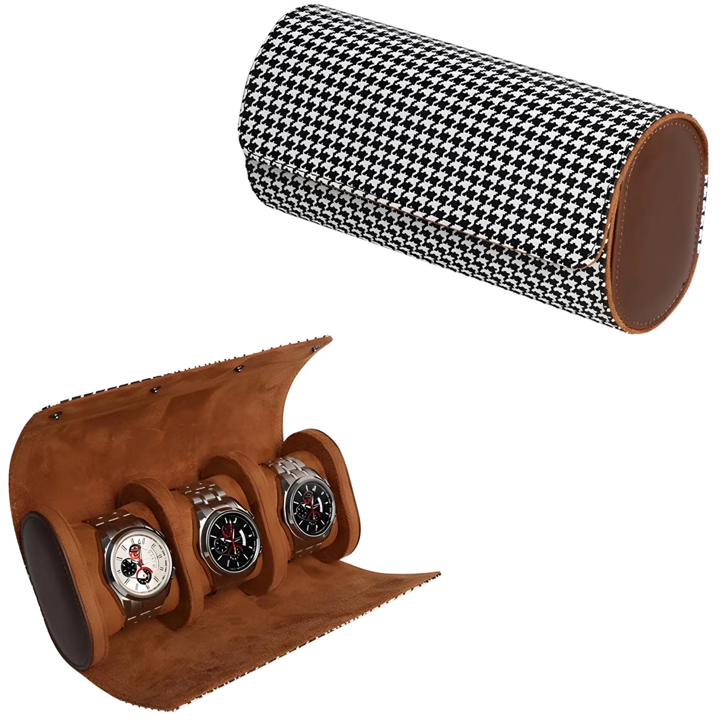 Heritage watch roll case for travel storage. Brown watch display case with three watches and a houndstooth-patterned lid on a white background
