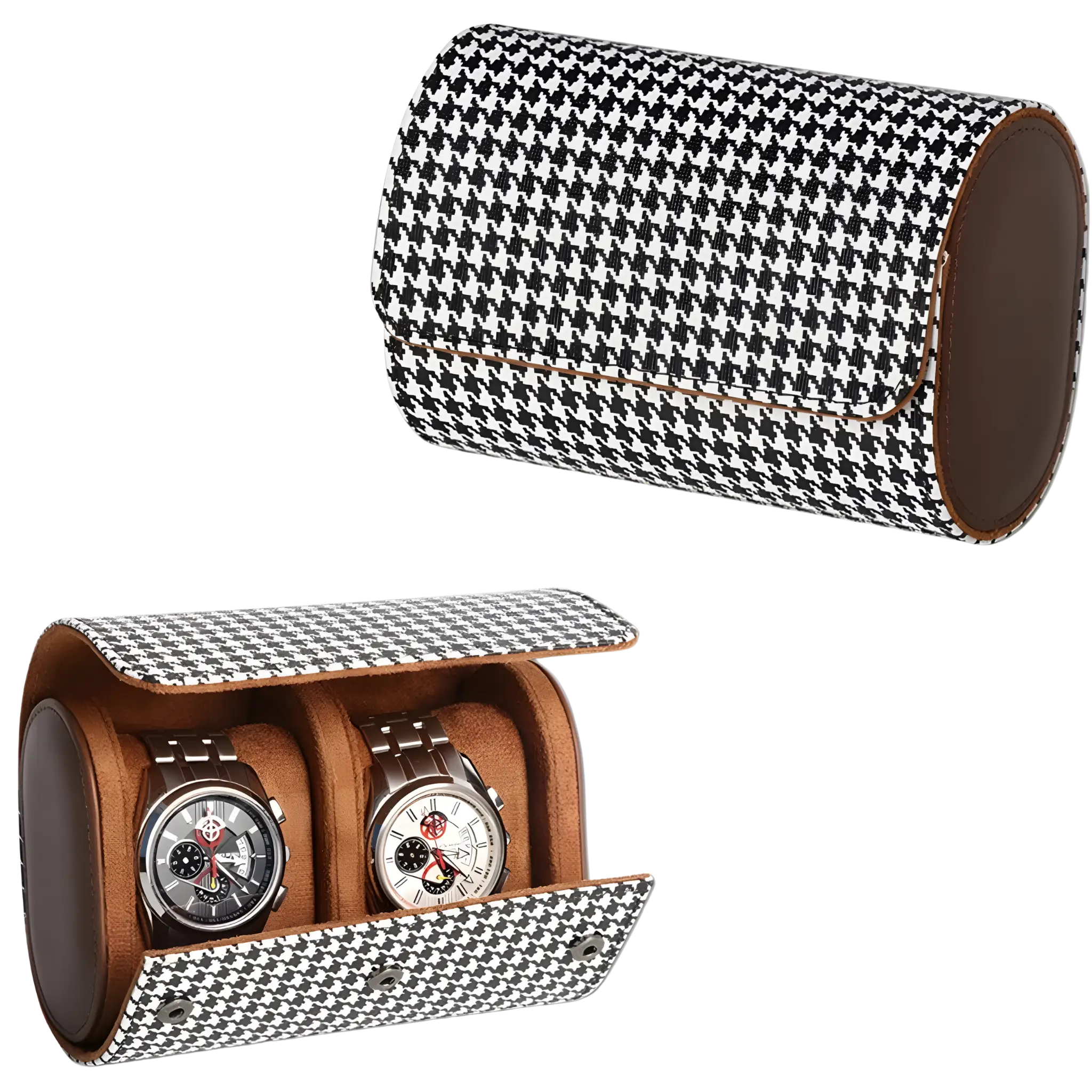 Watch roll case with three watch cushions. Two watches in a houndstooth patterned watch case on a white background