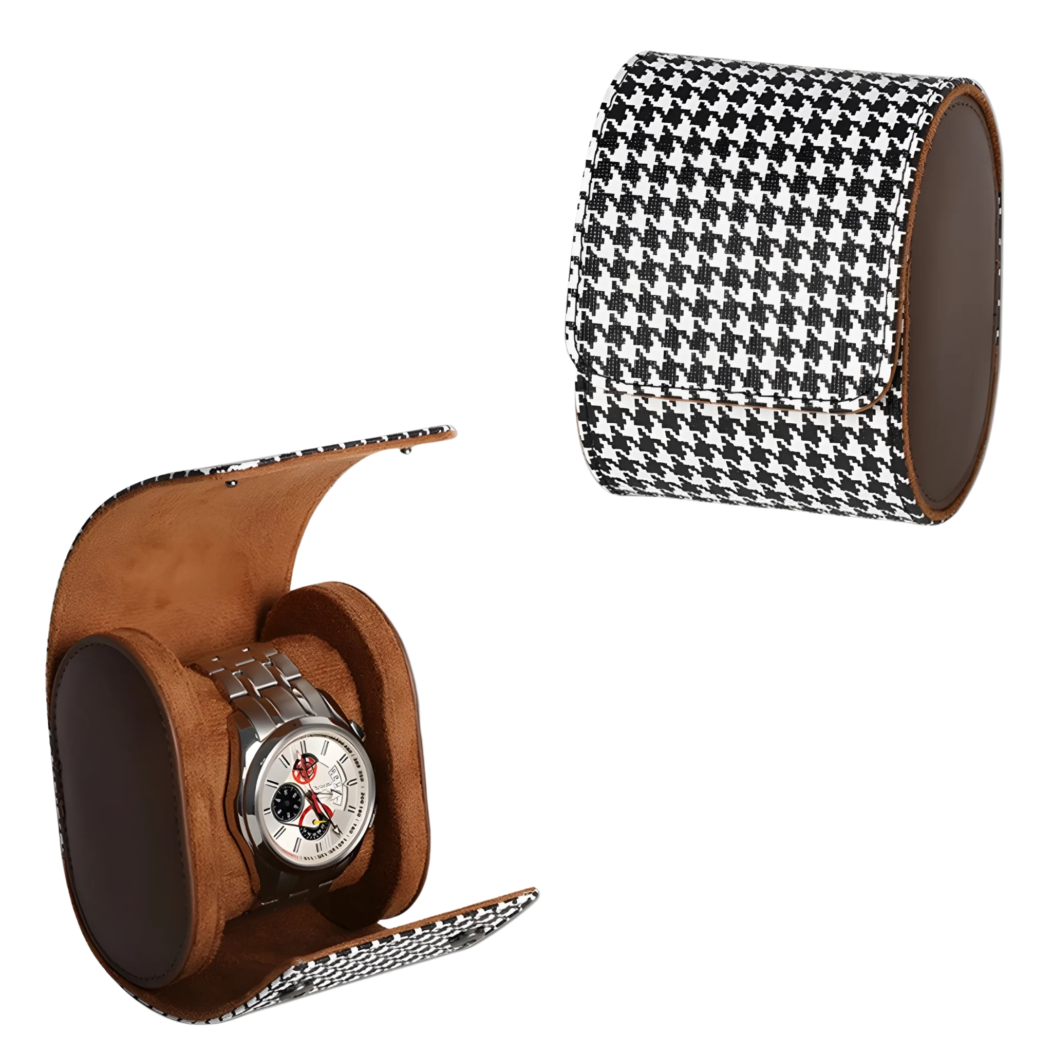 Watch with a houndstooth patterned and brown leather display stand on a white background