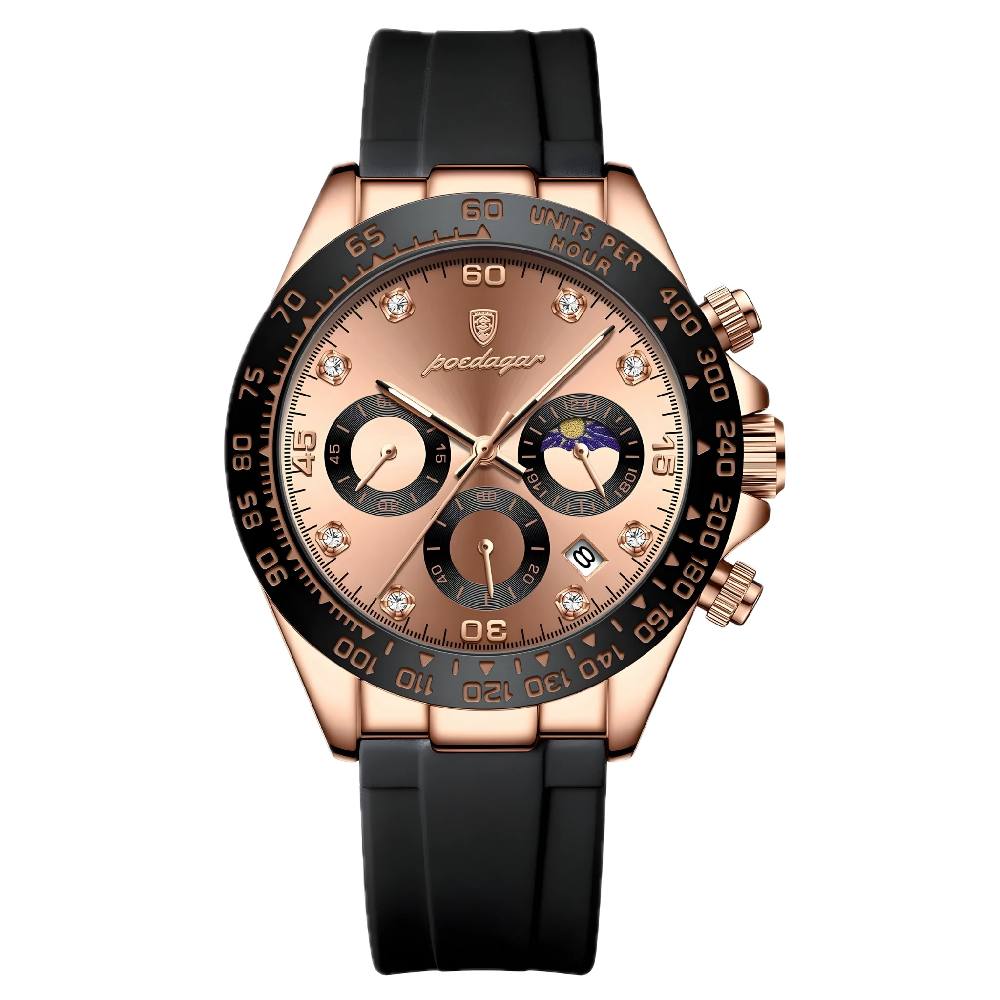 Poedagar Monza Sport rose gold chronograph watch with rose sunray dial, diamond-style hour markers and black rubber strap. Luxury watch with rose gold case and black strap on a white background