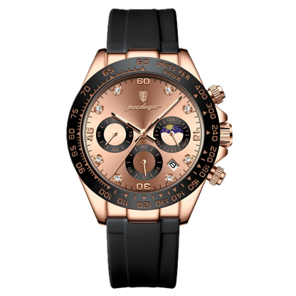 Poedagar Monza Sport rose gold chronograph watch with rose sunray dial, diamond-style hour markers and black rubber strap. Luxury watch with rose gold case and black strap on a white background