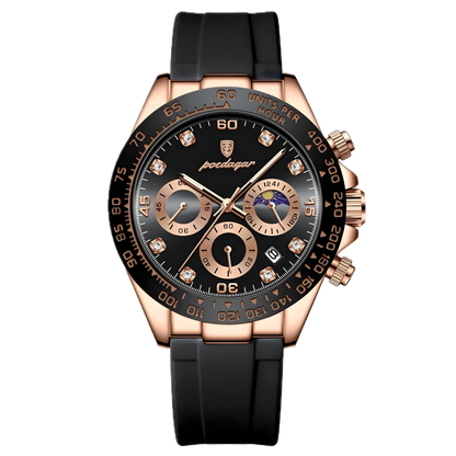 Poedagar Monza Sport rose gold chronograph watch with black dial, rose sub-dials and black silicone strap. Luxury watch with black strap and rose gold case on white background