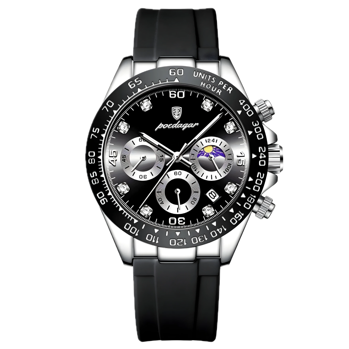 Poedagar Monza Sport chronograph with black dial, silver sub-dials and black tachymeter bezel on a black silicone strap. Luxury watch with black strap and detailed face on a white background
