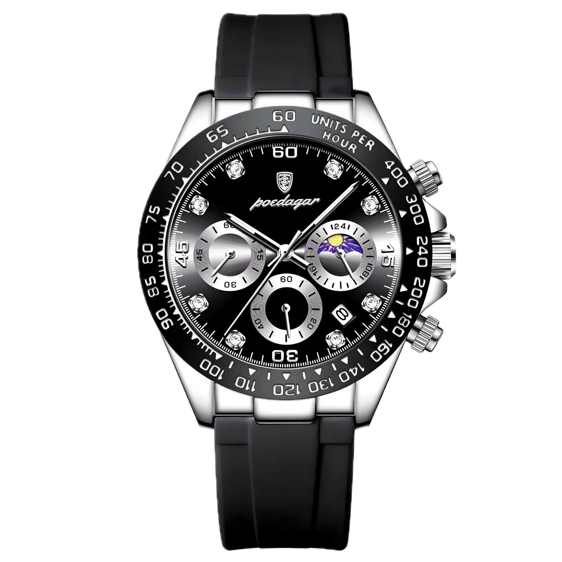 Poedagar Monza Sport chronograph with black dial, silver sub-dials and black tachymeter bezel on a black silicone strap. Luxury watch with black strap and detailed face on a white background