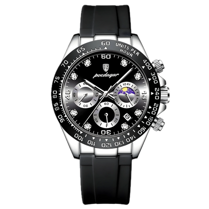 Poedagar Monza Sport chronograph with black dial, silver sub-dials and black tachymeter bezel on a black silicone strap. Luxury watch with black strap and detailed face on a white background