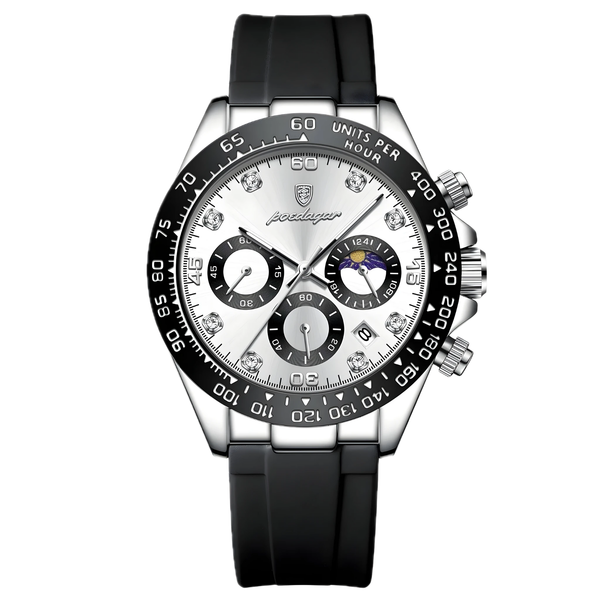 Poedagar Monza Sport silver and white chronograph watch with panda-style dial, black sub-dials and black rubber strap. Luxury watch with black strap and silver dial on a white background