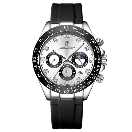 Poedagar Monza Sport silver and white chronograph watch with panda-style dial, black sub-dials and black rubber strap. Luxury watch with black strap and silver dial on a white background