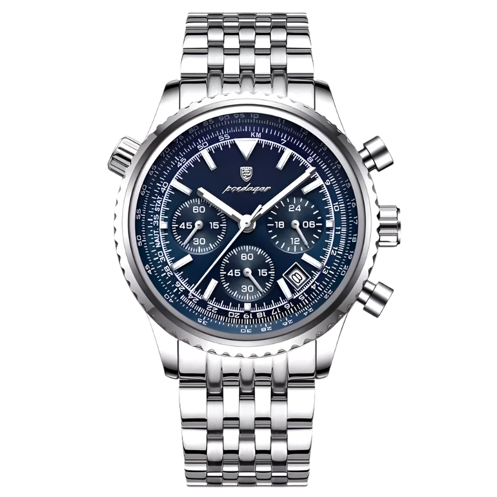 Poedagar Commander men’s chronograph watch in Silver and Blue, polished stainless steel finish with multi-function sub-dials and luminous hands