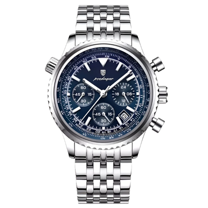 Poedagar Commander men’s chronograph watch in Silver and Blue, polished stainless steel finish with multi-function sub-dials and luminous hands