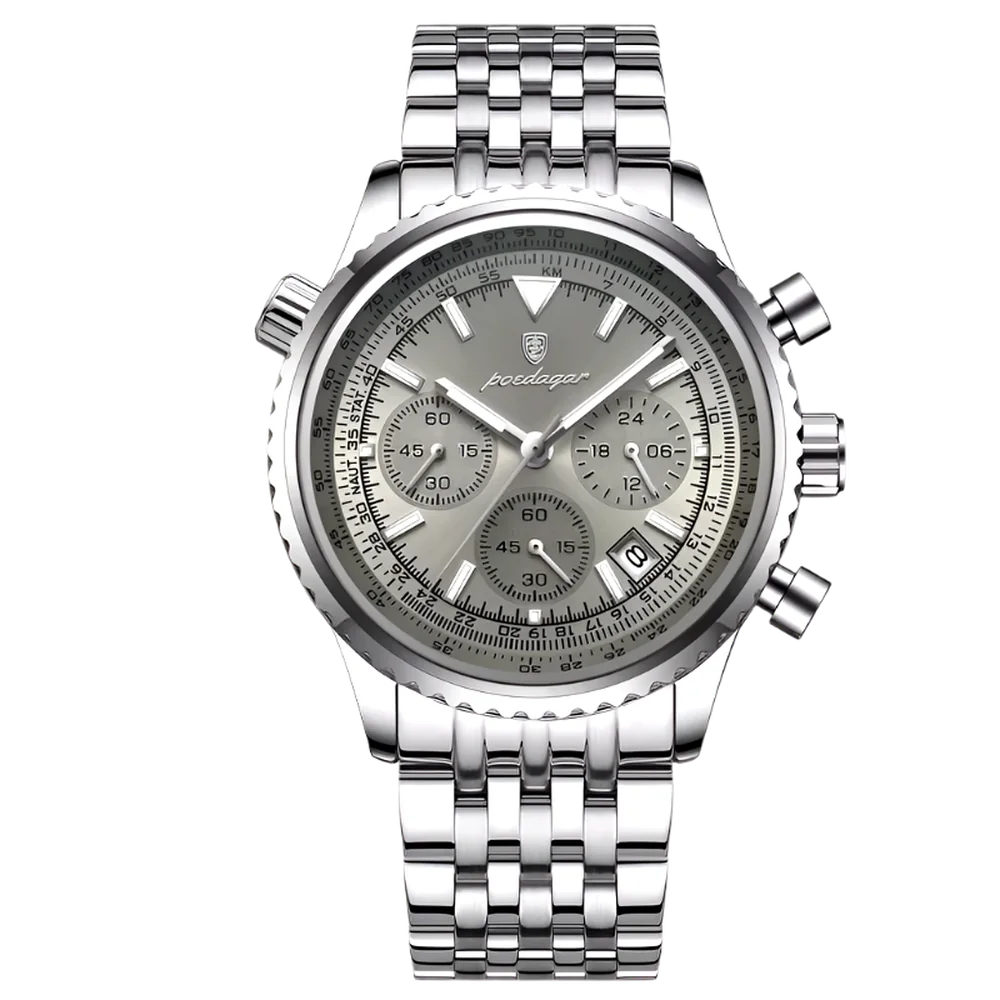 Poedagar Commander men’s chronograph watch in Silver and Champagne, brushed stainless steel bracelet with detailed aviation-style dial