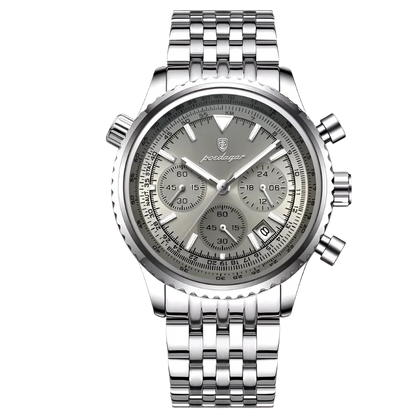 Poedagar Commander men’s chronograph watch in Silver and Champagne, brushed stainless steel bracelet with detailed aviation-style dial