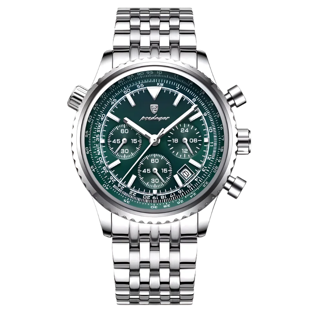 Poedagar Commander men’s chronograph watch in Silver and Green, stainless steel case and bracelet with luminous sub-dials and date display