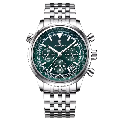 Poedagar Commander men’s chronograph watch in Silver and Green, stainless steel case and bracelet with luminous sub-dials and date display