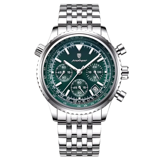 Poedagar Commander men’s chronograph watch in Silver and Green, stainless steel case and bracelet with luminous sub-dials and date display