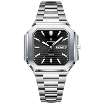 Poedagar Dumont square stainless steel men’s watch with black textured dial, day-date display and integrated bracelet. Silver watch with black dial