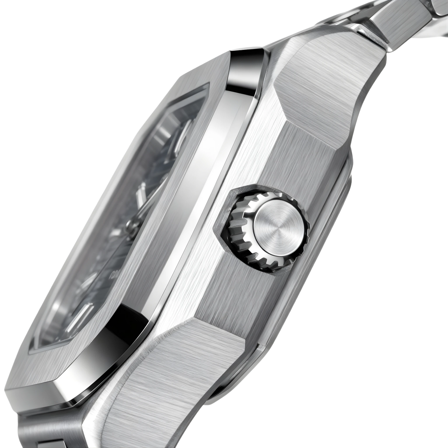 Poedagar Dumont square stainless steel men’s watch with blue textured dial, day-date display and integrated bracelet. Close-up of a silver wristwatch with a detailed case on a white background