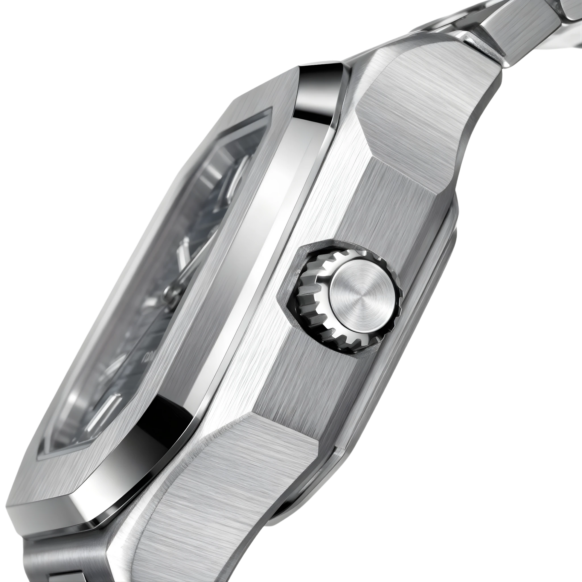 Poedagar Dumont square stainless steel men’s watch with blue textured dial, day-date display and integrated bracelet. Close-up of a silver wristwatch with a detailed case on a white background