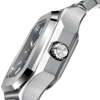 Poedagar Dumont square stainless steel men’s watch with blue textured dial, day-date display and integrated bracelet. Close-up of a silver wristwatch with a detailed case on a white background