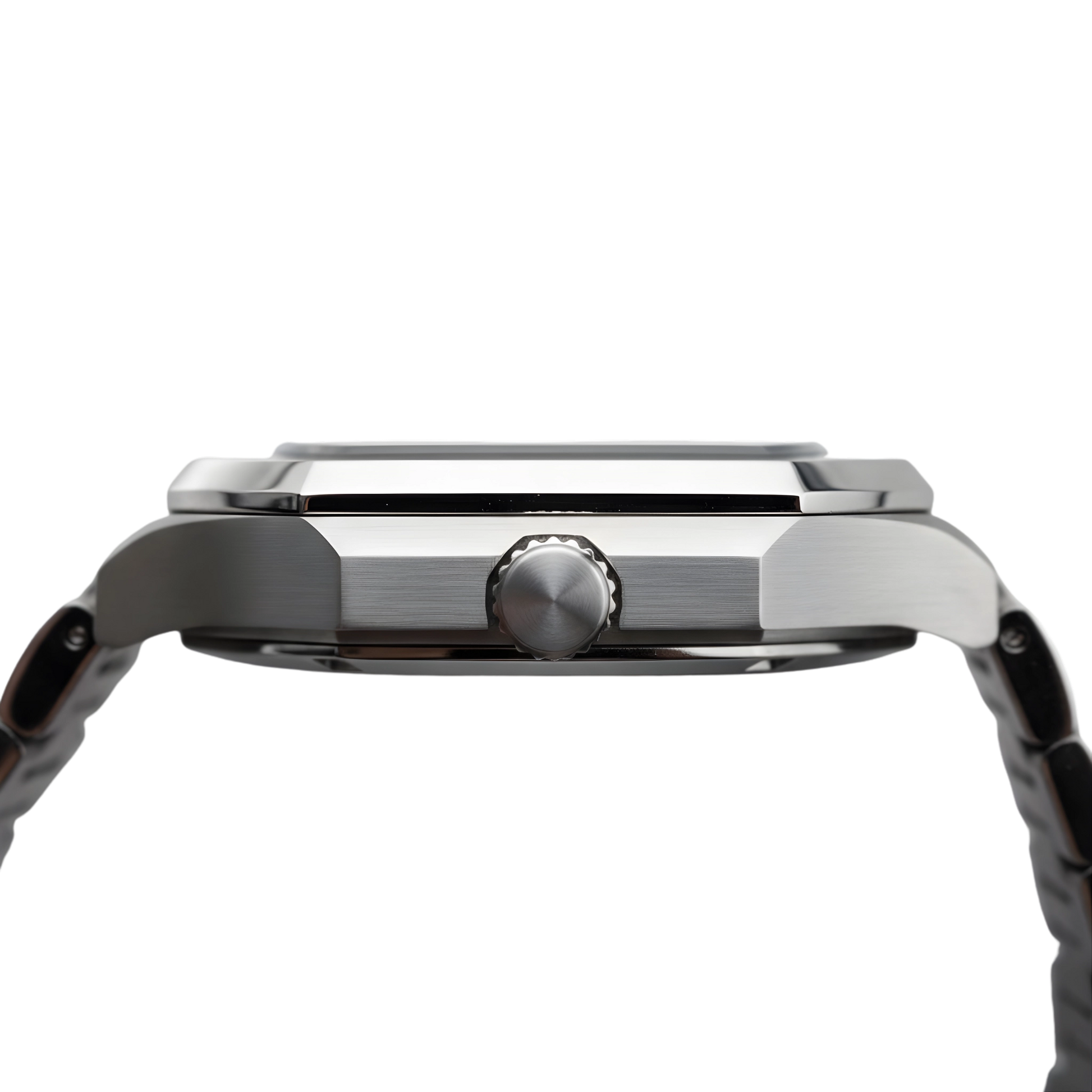 Poedagar Dumont square stainless steel men’s watch with blue textured dial, day-date display and integrated bracelet. Close-up of a silver watch