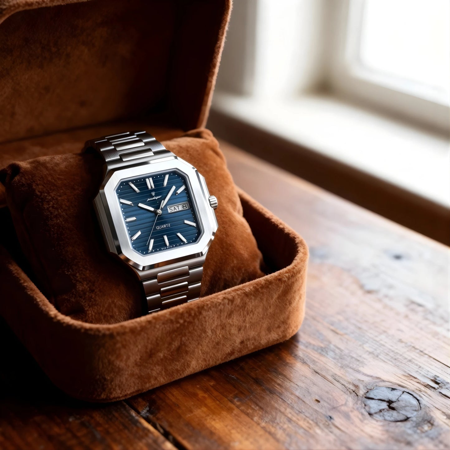 Poedagar Dumont square stainless steel men’s watch with blue textured dial, day-date display and integrated bracelet. Silver watch with blue face in a brown velvet box on a wooden surface