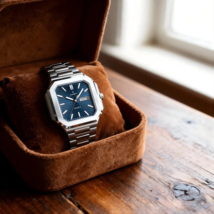 Poedagar Dumont square stainless steel men’s watch with blue textured dial, day-date display and integrated bracelet. Silver watch with blue face in a brown velvet box on a wooden surface
