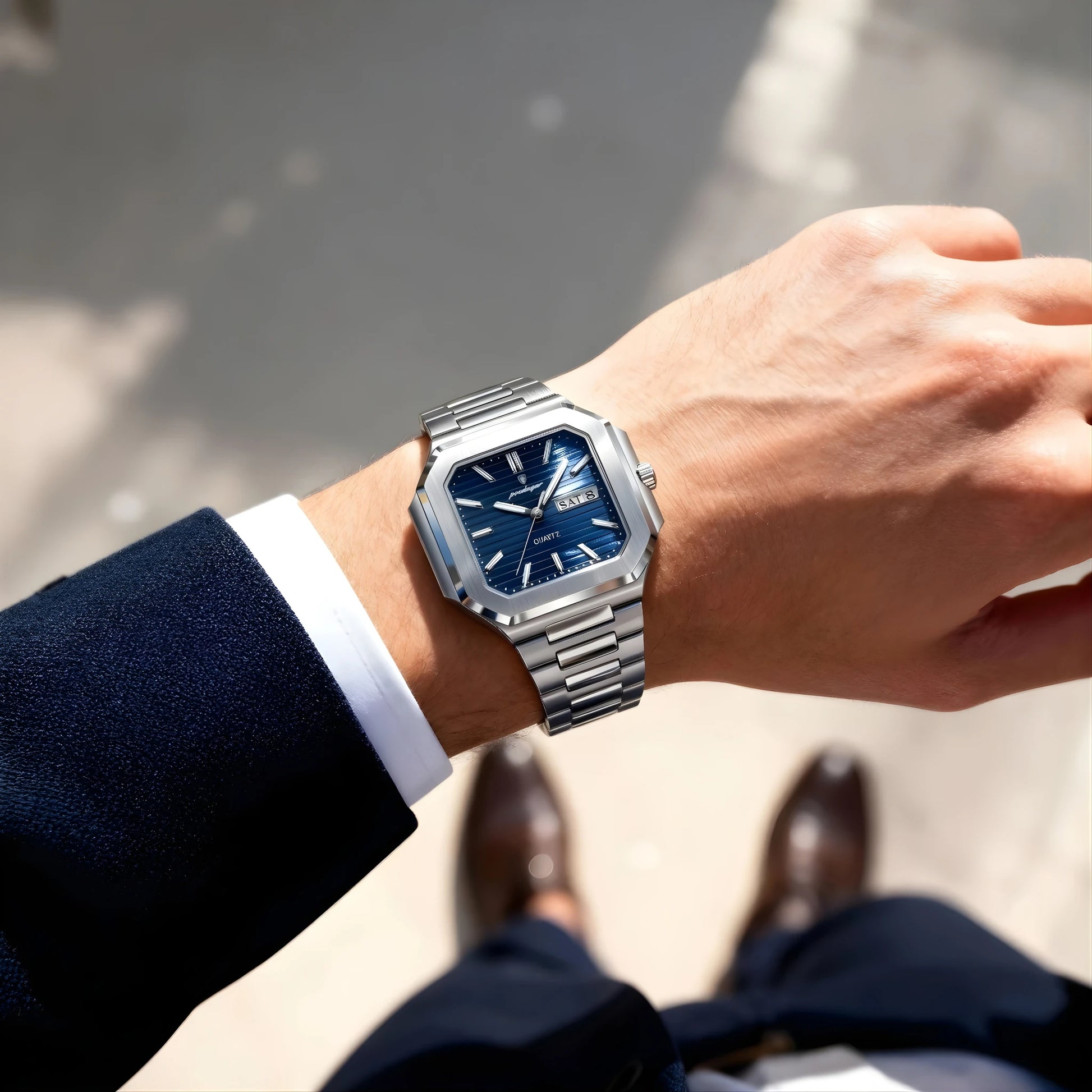Poedagar Dumont square stainless steel men’s watch with blue textured dial, day-date display and integrated bracelet. Hand wearing a silver watch with a blue face on a blurred street background