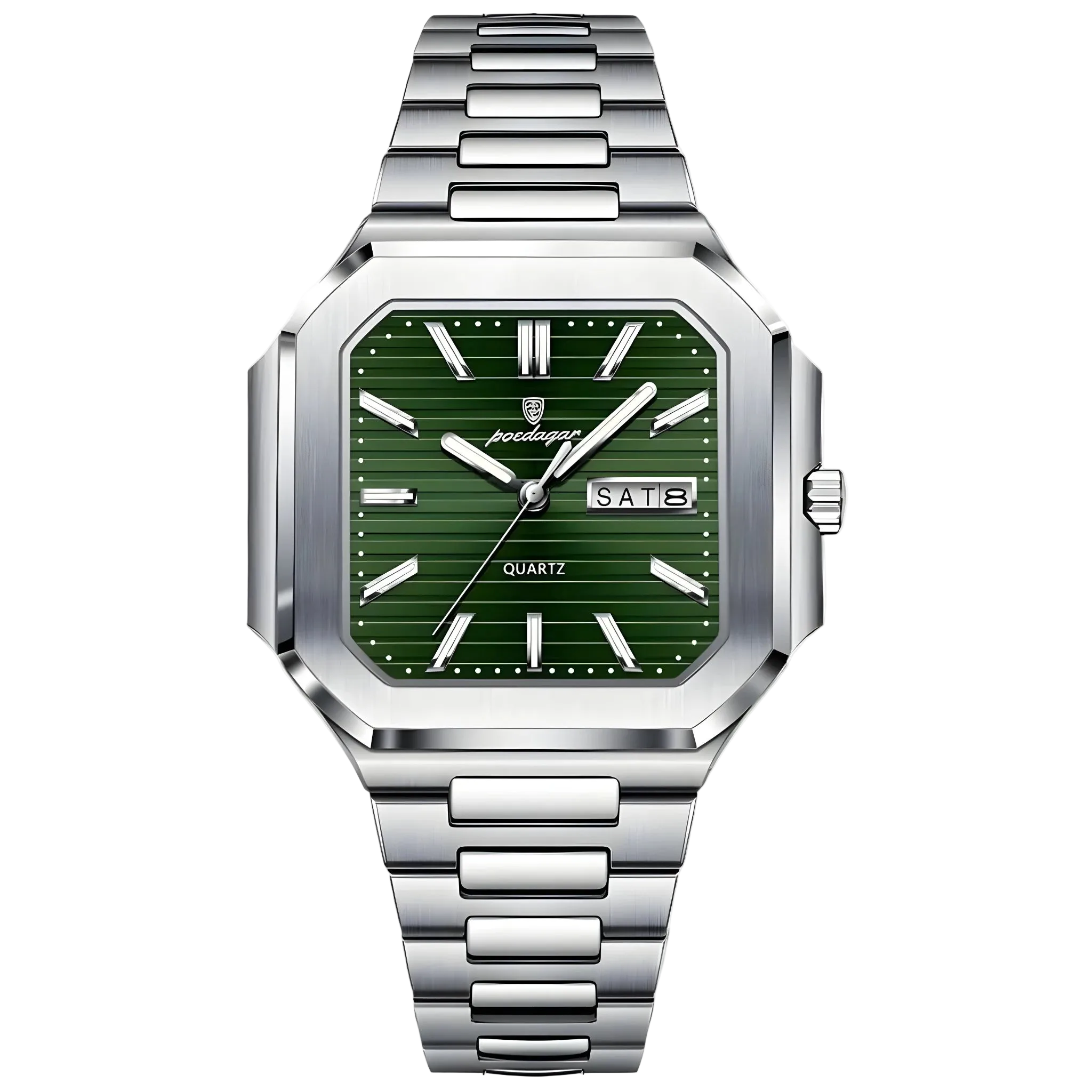 Poedagar Dumont square stainless steel men’s watch with green textured dial, day-date display and integrated bracelet. Silver watch with a green face