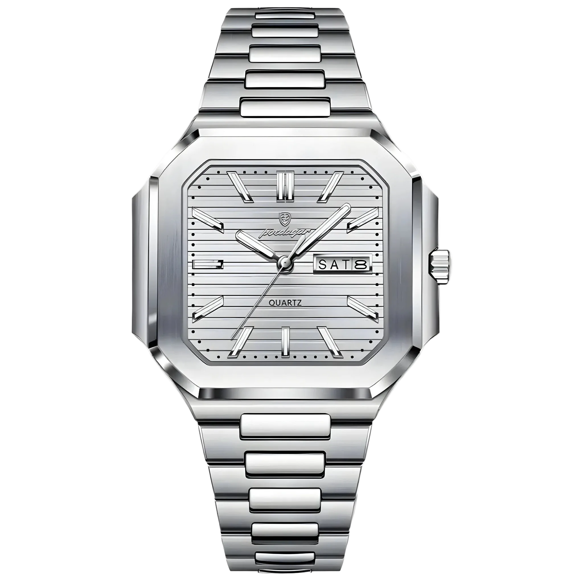Poedagar Dumont square stainless steel men’s watch with silver textured dial, day-date display and integrated bracelet. Silver wristwatch with a detailed face