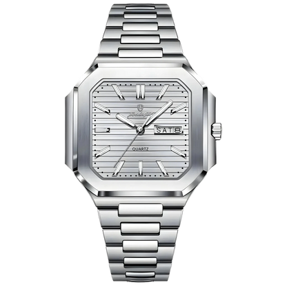 Poedagar Dumont square stainless steel men’s watch with silver textured dial, day-date display and integrated bracelet. Silver wristwatch with a detailed face
