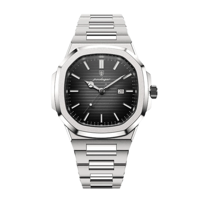 Luxury watch with black dial and silver metal bracelet on a white background