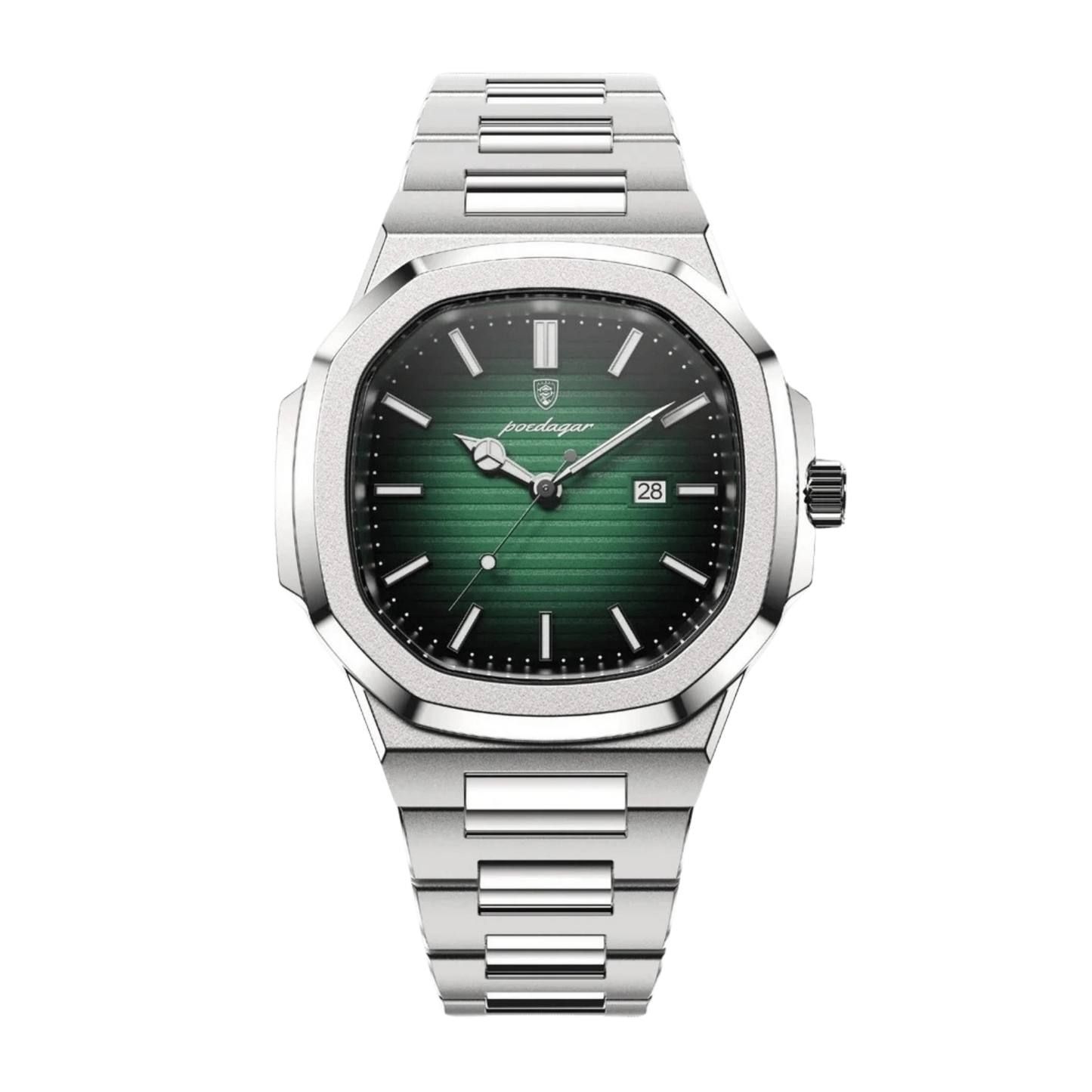 Silver watch with a green face on a white background
